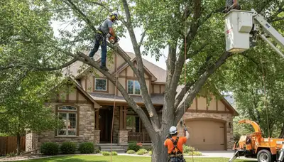 Tree service crew in Salt Lake City, UT removing a tree for a residential property
